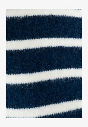 Marineblauw en wit gestreepte wolstof, met afwisselend brede strepen en een gestructureerd oppervlak, wat een zachte en warme uitstraling geeft.