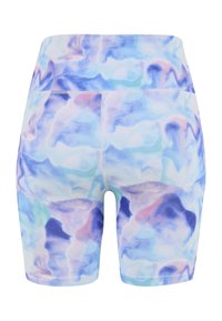 Sykkelshorts med høyt liv i lys blå farge med et virvlende pastelldesign. Laget av elastisk stoff med en glatt tekstur. Har sidelommer.