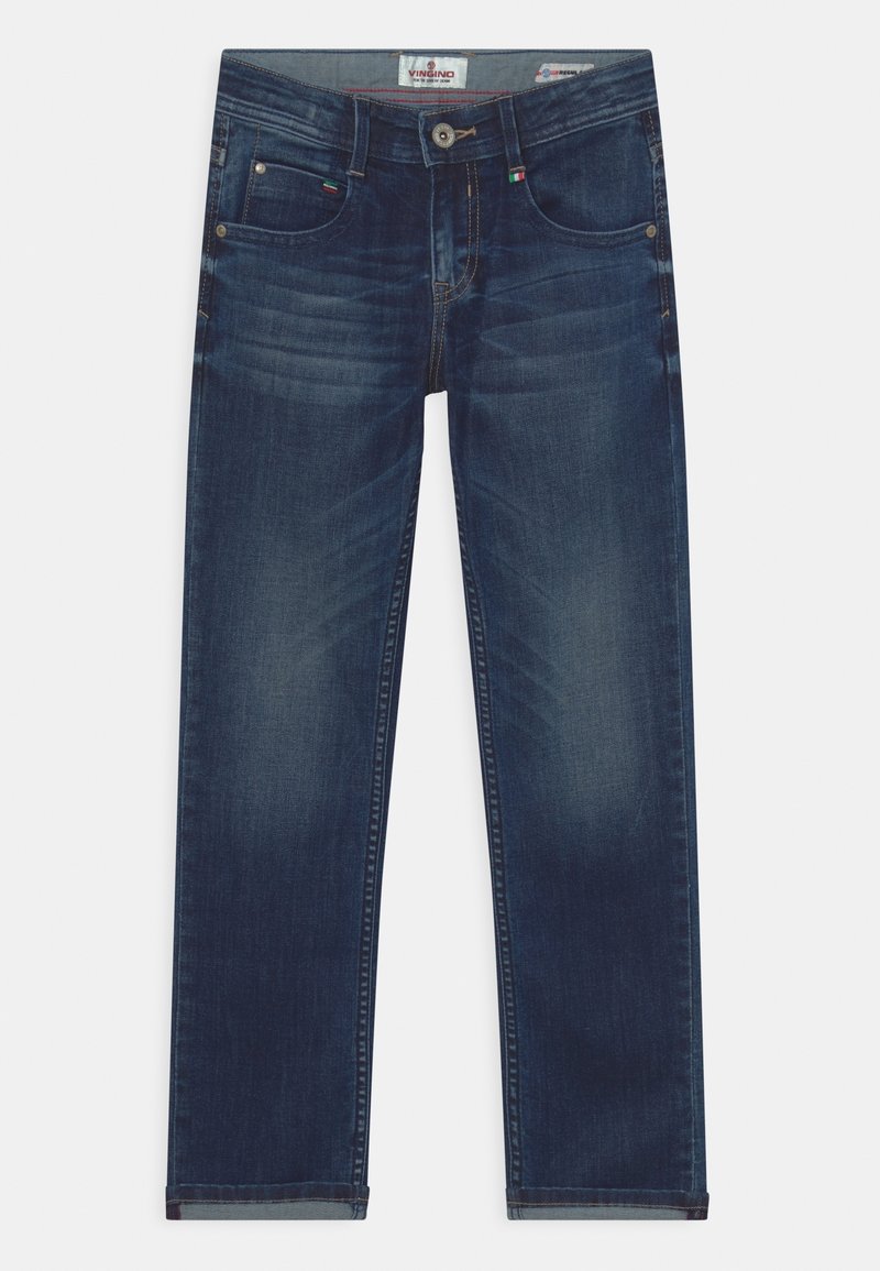 Jean slim bleu foncé avec poches avant, passants pour ceinture et détails légèrement délavés le long des cuisses et des genoux.