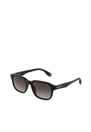 Gafas de sol rectangulares negras con lentes de degradado oscuro y varillas finas con un pequeño logo plateado en el lateral.
