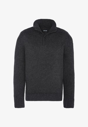 Dunkelgrauer gestrickter Pullover mit hohem Kragen, Knopfleiste, gerippten Ärmelbündchen und Saum. Das Material wirkt strukturiert und warm.