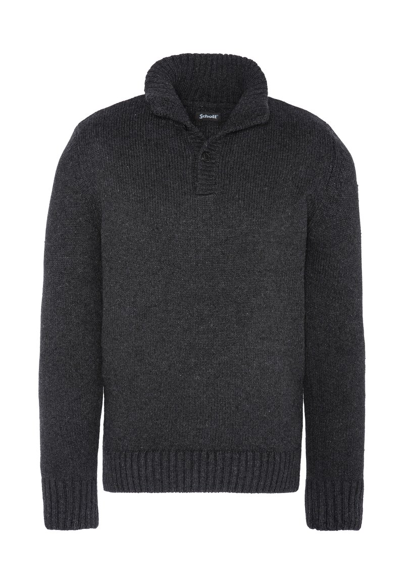 Dunkelgrauer gestrickter Pullover mit hohem Kragen, Knopfleiste, gerippten Ärmelbündchen und Saum. Das Material wirkt strukturiert und warm.