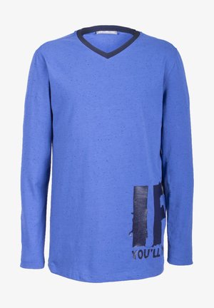 Blauw shirt met lange mouwen en zwarte vlekken, V-hals met donkere rand, en gedeeltelijke zwarte tekst "IF YOU’LL" aan de rechteronderkant.
