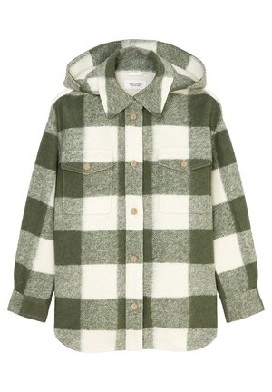 Grün-weiß kariertes Kapuzenjacke mit Frontknöpfen, zwei Brusttaschen mit Klappen und langen Ärmeln.