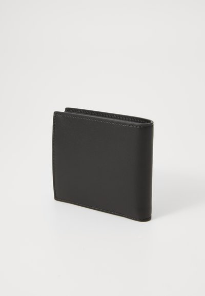 Black leather wallet with a smooth texture, bi-fold design, and contrasting stitching. Compact shape, minimalistic and sleek appearance.
