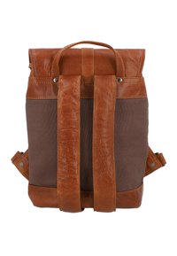 Zaino in tela marrone con cinturini e dettagli in pelle. Presenta una parte superiore pieghevole, accessori in metallo e una forma rettangolare strutturata.