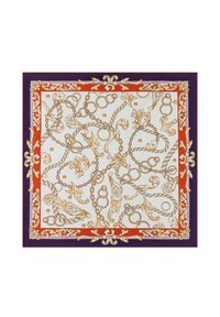 Seidenschal mit einem Ketten- und Weinlaubmuster. Dominierende Farben sind Creme, Rot und Lila mit goldenen Akzenten und aufwendigen Rändern.