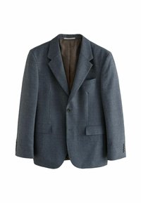 Dunkelgrauer Blazer mit schrägem Revers, zwei vorderen Taschen, Knopfverschluss und strukturiertem Stoff. Braune Fütterung sichtbar im Inneren.