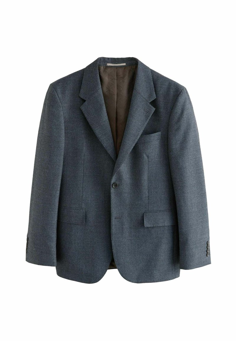 Dunkelgrauer Blazer mit schrägem Revers, zwei vorderen Taschen, Knopfverschluss und strukturiertem Stoff. Braune Fütterung sichtbar im Inneren.