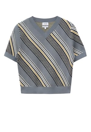 Maglione grigio a maniche corte in maglia con scollo a V e righe diagonali nere, bianche e gialle.