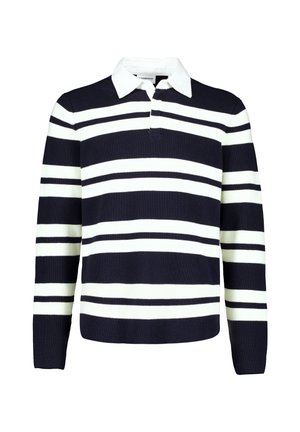 Maillot de rugby à manches longues rayé horizontalement bleu marine et blanc, col blanc et patte de boutonnage.
