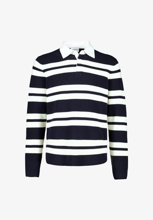 Maillot de rugby à manches longues rayé horizontalement bleu marine et blanc, col blanc et patte de boutonnage.