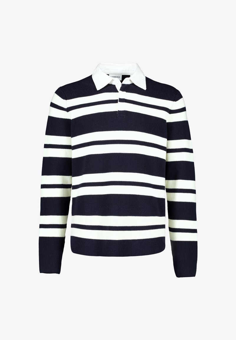 Maillot de rugby à manches longues rayé horizontalement bleu marine et blanc, col blanc et patte de boutonnage.