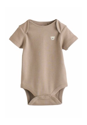 Beige geribbelde body met korte mouwen, een ronde halslijn en een beerapplicatie op de borst. Heeft drukknoopsluitingen aan de onderkant.