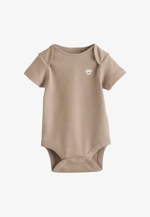 Beige ribbad kortärmad body med rund halsringning och en björnapplikation på bröstet. Har tryckknappar längst ner.