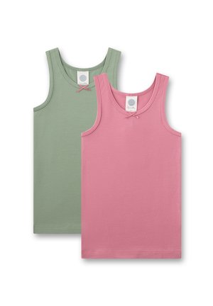 Two sleeveless cotton tank tops for children, one pink and one light green, each with a small decorative bow and a label inside the neckline.