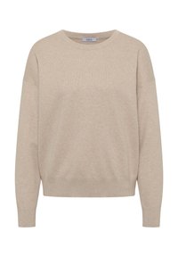 Beżowy dzianinowy sweter z okrągłym dekoltem, opuszczanymi ramionami i ściągaczami przy mankietach. Miękka faktura i luźny krój, idealny do noszenia na co dzień.