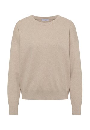 Béžový pletený svetr s kulatým výstřihem, spadlými rameny a žebrovanými manžetami. Měkká textura a volný střih, vhodný pro běžné nošení.