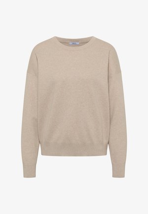 Beżowy dzianinowy sweter z okrągłym dekoltem, opuszczanymi ramionami i ściągaczami przy mankietach. Miękka faktura i luźny krój, idealny do noszenia na co dzień.