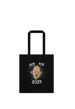 Czarna torba na ramię z kreskówkowym rysunkiem twarzy łysiejącego mężczyzny świecącej na żółto, otoczonej napisem „Hey you guys” białymi literami.