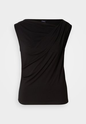 Black sleeveless top featuring draped fabric on the front, soft texture, and a relaxed fit. Made from stretchable material with a smooth finish.