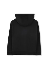 Sweat-shirt à capuche noir avec une texture lisse, une coupe décontractée, une capuche et des poignets côtelés. Design minimaliste sans marque ni motifs visibles.