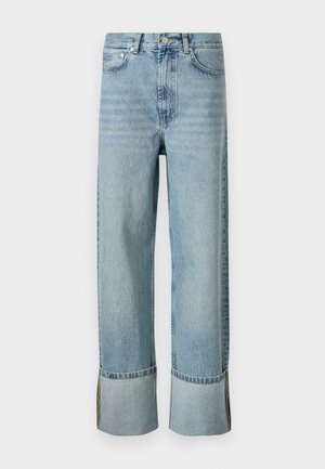 Jean droit bleu clair, avec une taille haute, un ourlet brut et un léger délavage sur l'avant. Denim texturé avec des détails contrastés au niveau des poignets.