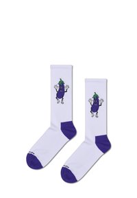 Hvide bomuldsokken med et lilla aubergine-figur med grønne detaljer og hænderne hævet, suppleret af lilla tå- og hælområder.