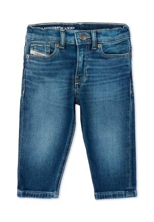 Jeans blu per bambini piccoli con chiusura a bottone, tasche frontali e portamonete, e dettagli con effetto sbiadito.