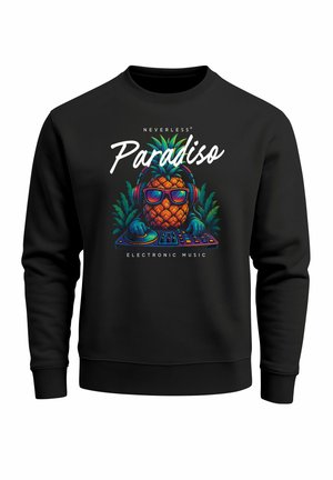 Schwarzes Sweatshirt mit einem bunten Grafikdesign eines Ananases, der Sonnenbrillen und Kopfhörer trägt, mit dem Text "Paradiso Electronic Music" in Weiß.