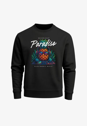 Black sweatshirt featuring a colorful graphic of a pineapple wearing sunglasses and headphones, with the text "Paradiso Electronic Music" in white.