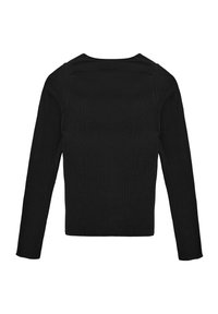 Maglietta nera a maniche lunghe, a coste, con collo a crew e design aderente. Presenta un tessuto testurizzato e uno stile minimalista senza loghi visibili.