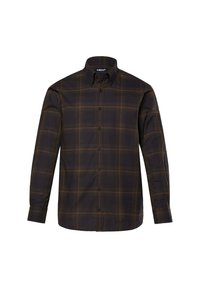 Donker geruit shirt met lange mouwen, met knopsluiting, in bruin en olijfgroen geruite stof, zwarte knopen en een gladde textuur.