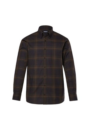 Tmavě kostkovaná košile s dlouhými rukávy, límcem na knoflíky, s hnědými a olivově zelenými kostkami, černými knoflíky a hladkou texturou.