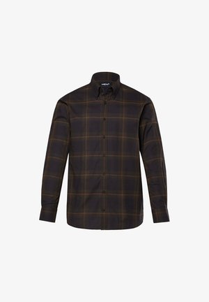 Camicia a quadri scura con maniche lunghe, colletto classico, caratterizzata da una fantasia a controlli marroni e verde oliva, bottoni neri e una texture liscia.