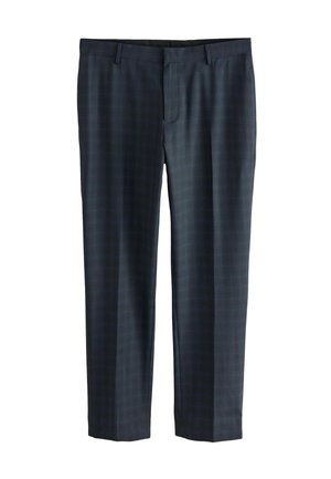 Dunkelblaue Hose mit dezentem Karomuster, aus einem glatten Stoff gefertigt. Verfügt über Gürtelschlaufen und Fronttaschen. Taillierte Passform.
