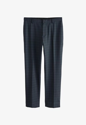 Pantaloni în nuanță închisă de marină cu un model subtil de carouri, confecționați dintr-un material neted. Prezintă bucle pentru curea și buzunare frontale. Croială ajustată.