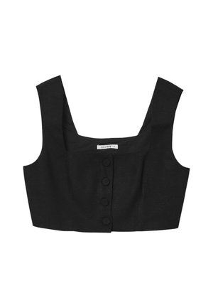 Top corto nero realizzato in tessuto testurizzato, con scollatura quadrata, spalline larghe e sei bottoni frontali per la chiusura.