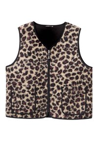 Luipaardprint fleece vest met een zwarte ritsluiting en zijzakken. Heeft een zachte textuur en contrasterende zwarte rand rondom de randen.