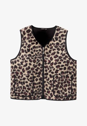 Leopard print fleece vest with a black zip closure, and side pockets. Features a soft texture and contrasting black trim around edges.