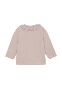 Langärmliges Oberteil aus zartem rosa Stoff, mit einem gesmokten Kragen. Schlichte, einfarbige Gestaltung mit geradem Schnitt und ohne sichtbare Muster.