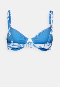 Top de bikini azul com padrão abstracto em branco, copas triangulares com almofadas, alças ajustáveis e fecho com gancho nas costas. Textura de tecido suave.