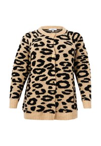 Beiger Cardigan mit schwarzem Leopardenmuster, mit Rundhalsausschnitt, langen Ärmeln und Verschluss mit drei Knöpfen. Sanfte Textur im gesamten Kleidungsstück.