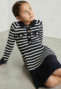 Marineblau-weiß gestreiftes Kleid mit langen Ärmeln, einem kragenförmigen Ausschnitt, goldenen Knopf-Akzenten und einem gefältelten Rockdesign.