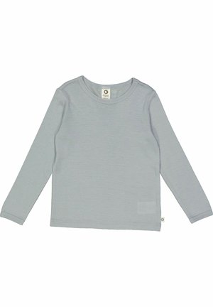 Long-sleeve shirt in light gray, made from soft fabric. Features a crew neck, subtle texture, and a small logo tag on the bottom left.
