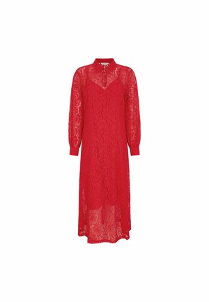 Red lace dress with long sleeves, collar, and a semi-sheer design. Below-the-knee length with a straight cut and textured patterns.