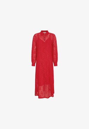 Red lace dress with long sleeves, collar, and a semi-sheer design. Below-the-knee length with a straight cut and textured patterns.