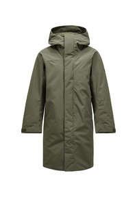 Olive green waterproof parka with a hood, long sleeves, front zipper, and a straight cut. Features a smooth, matte texture and minimalistic design.