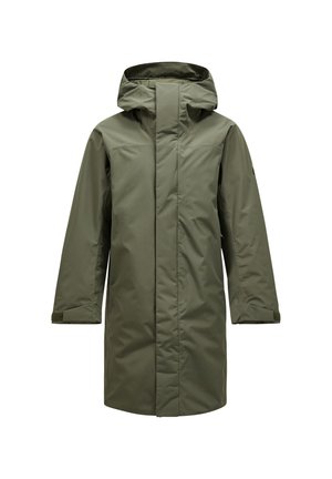 Olivgrüner wasserdichter Parka mit Kapuze, langen Ärmeln, Frontreißverschluss und geradem Schnitt. Verfügt über eine glatte, matte Textur und ein minimalistisches Design.