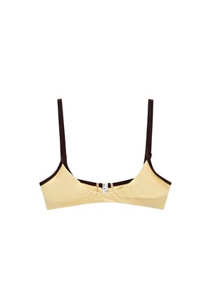 Bralette beige con sottili spalline regolabili marrone scuro e chiusura frontale con gancio, mostrata su sfondo bianco.